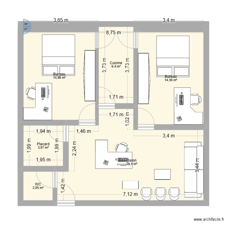 cab. Plan de 6 pièces et 67 m2