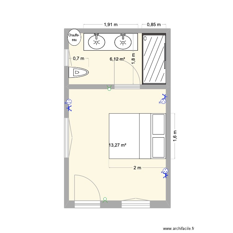 pomp. Plan de 2 pièces et 19 m2