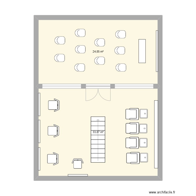 salon innovant étage. Plan de 2 pièces et 59 m2