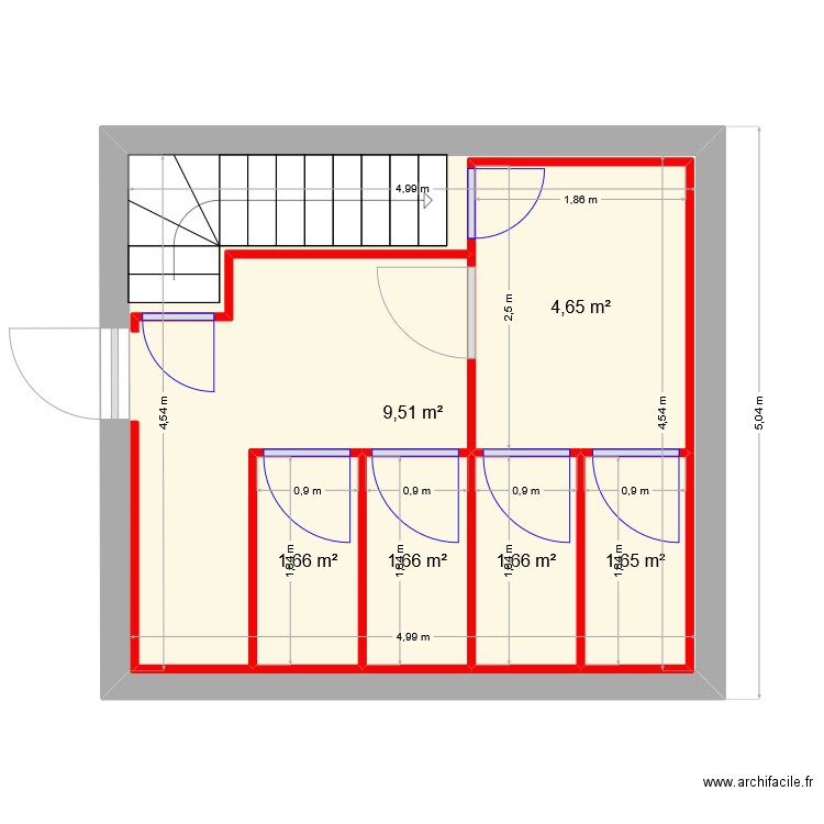 sanitaires Champignons Bio. Plan de 6 pièces et 34 m2