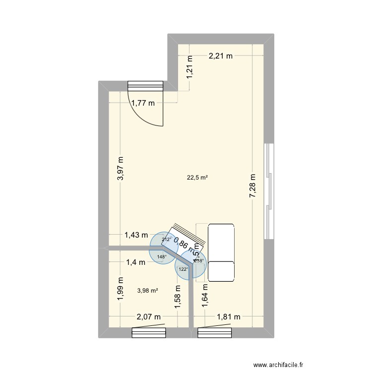 Vierge cabinet. Plan de 2 pièces et 26 m2