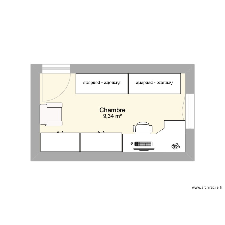 Bureau dressing. Plan de 1 pièce et 9 m2