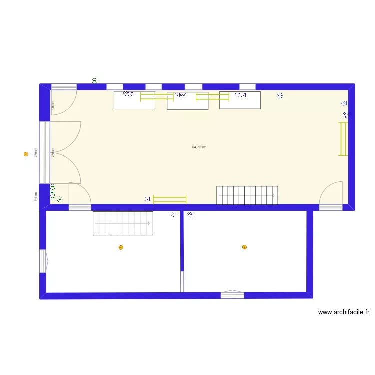 maison du coin. Plan de 1 pièce et 65 m²