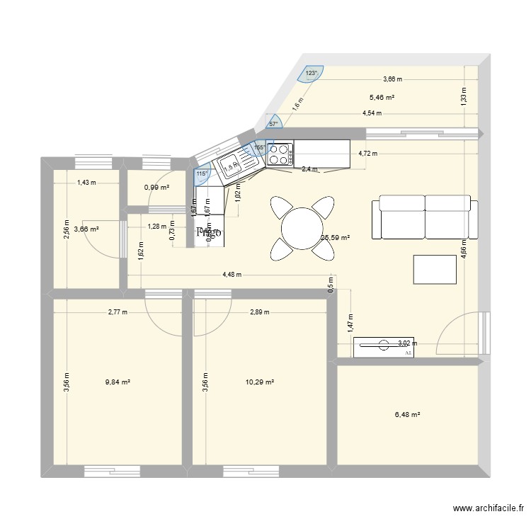 PM2 Jubilé 01 aménagé. Plan de 7 pièces et 62 m2