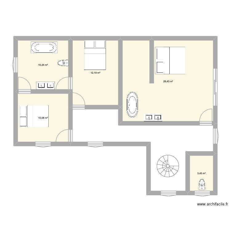 etage du haut berce. Plan de 5 pièces et 65 m2