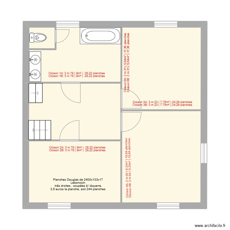 Cloisons. Plan de 2 pièces et 51 m2
