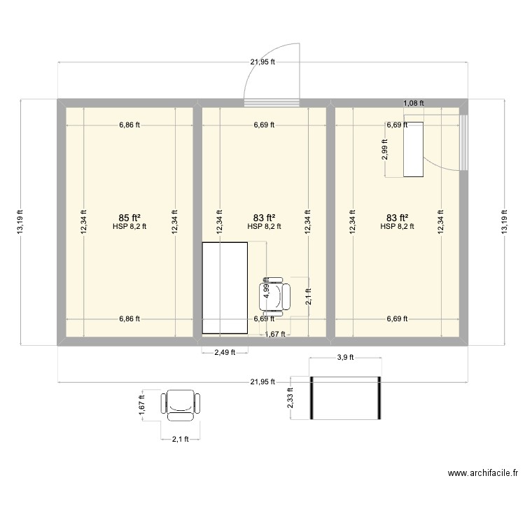 Phil Office. Plan de 3 pièces et 23 m2