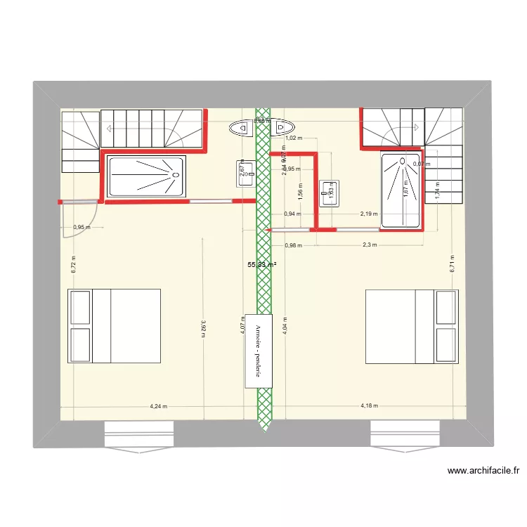 Plan &eacute;tage avec deux escaliers adjacents SDB+dressing. Plan de 1 pièce et 56 m²