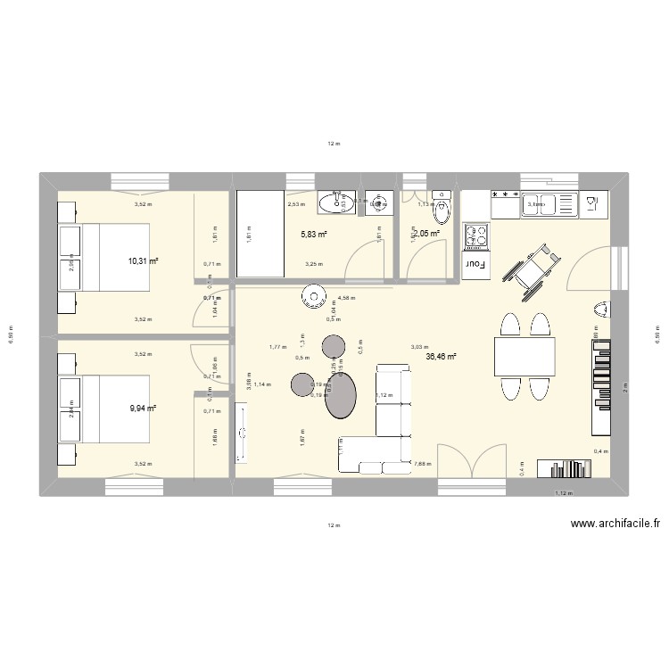 Mélanie meubles. Plan de 5 pièces et 65 m2