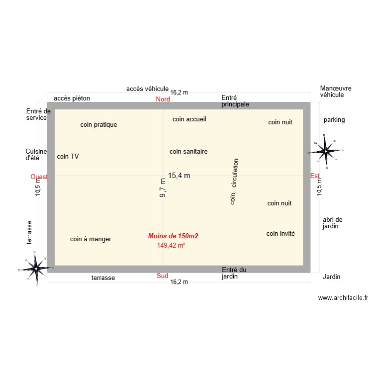 Maison rectangle 02. Plan de 1 pièce et 149 m2