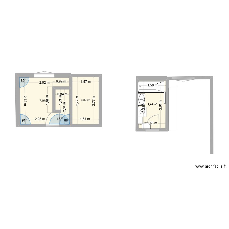 sdb. Plan de 3 pièces et 16 m2