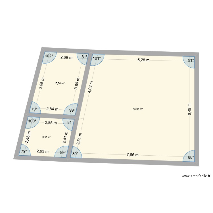 chambre. Plan de 3 pièces et 63 m2