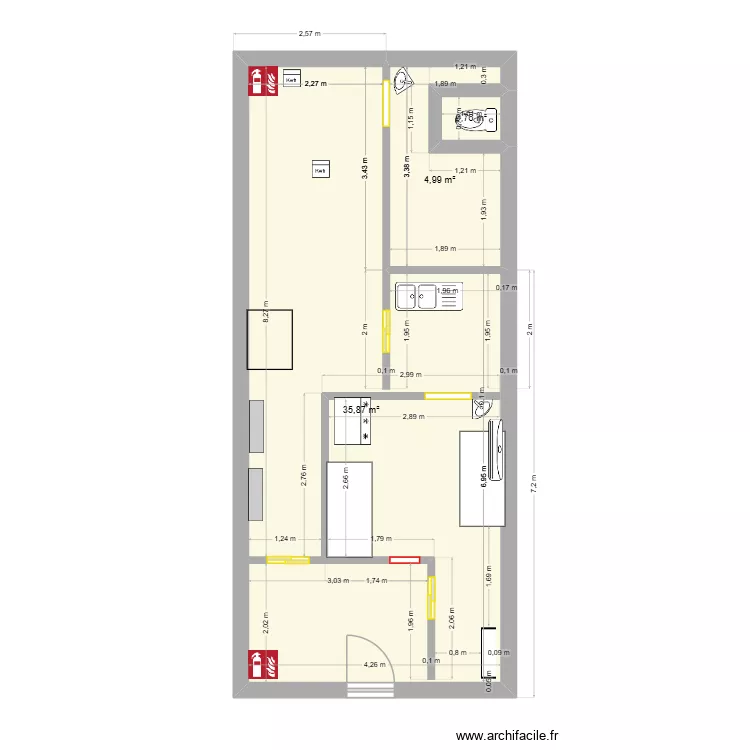 cuisine. Plan de 3  et 42 m²