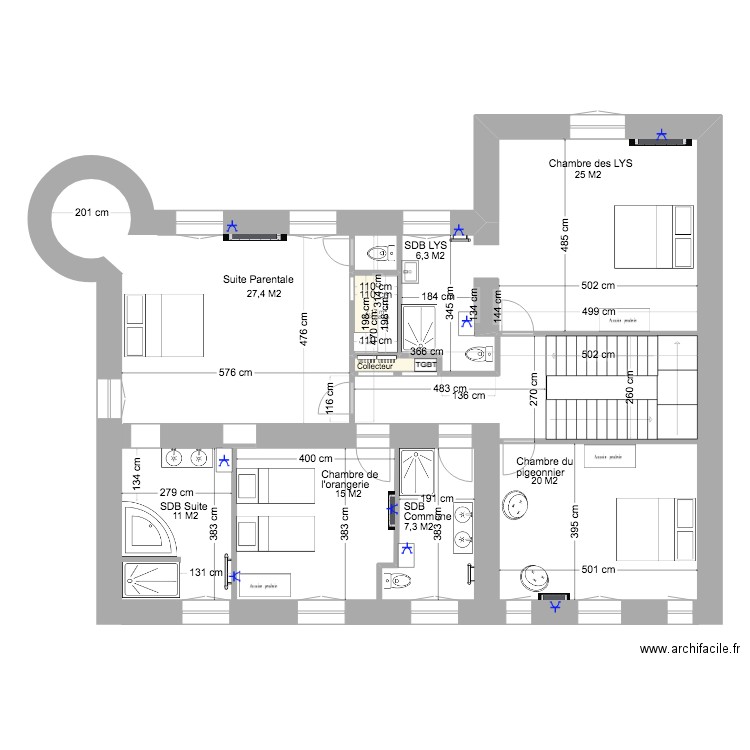 manoir premier étage PC. Plan de 2 pièces et 3 m2