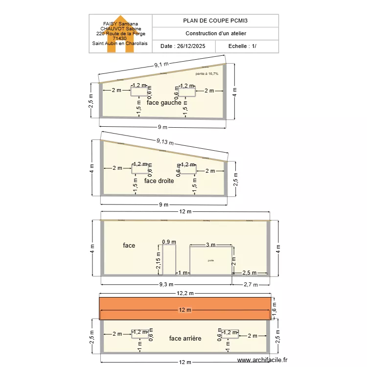 plan de coupe atelier 3. Plan de 12  et 129 m²