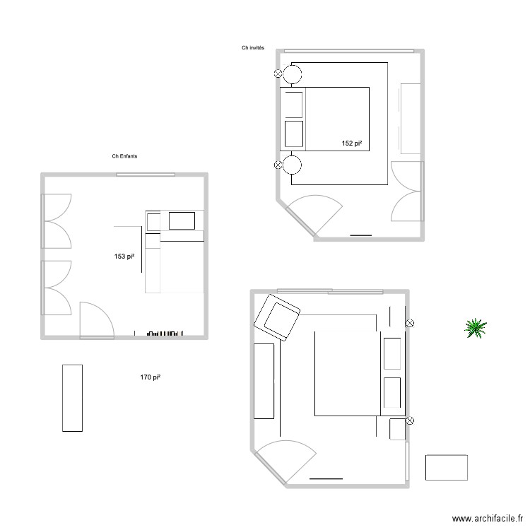 Chambres Moad et Maude. Plan de 3 pièces et 44 m2