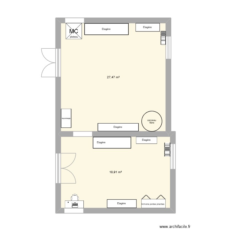 espace reserve. Plan de 2 pièces et 46 m2