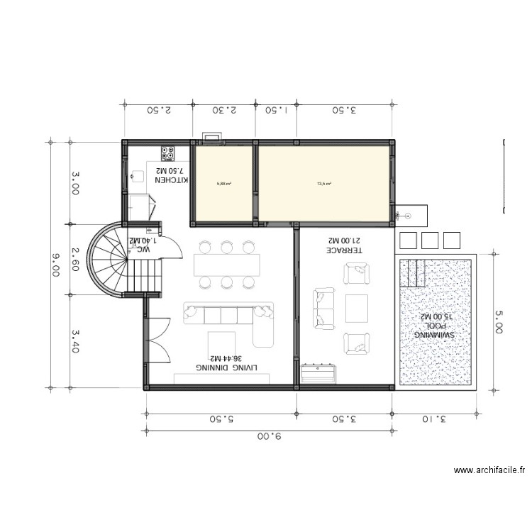 Ground Floor V3. Plan de 2 pièces et 19 m2