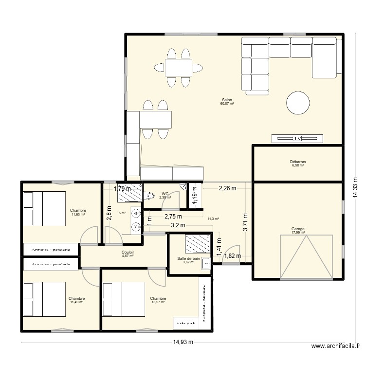 Version 5 avec meubles et entrée. Plan de 11 pièces et 148 m2