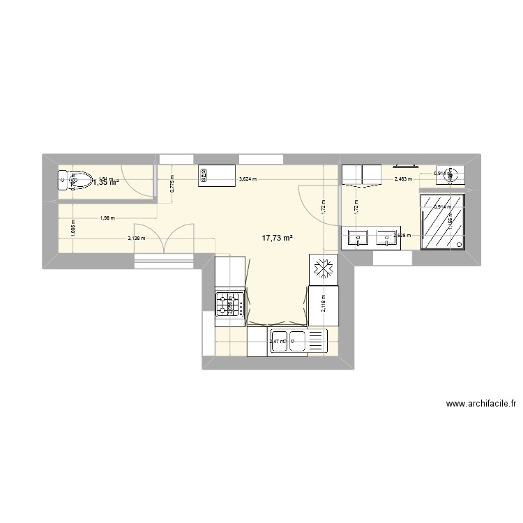 marman. Plan de 2 pièces et 19 m2
