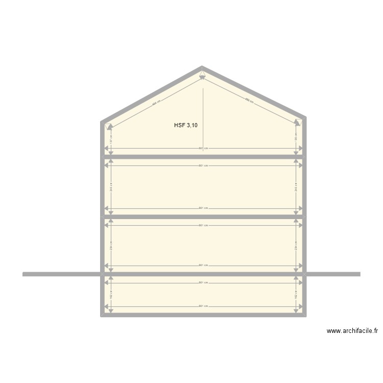 Modèle coupe Cave rez 1e grenier. Plan de 4 pièces et 77 m2