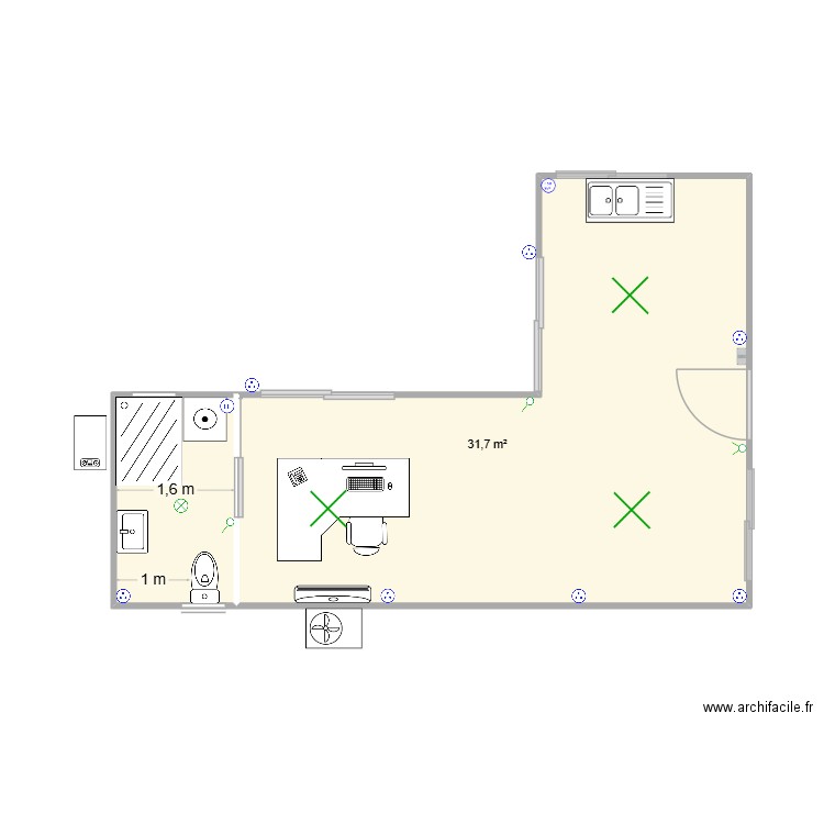 home concept bureau accueil V2. Plan de 1 pièce et 32 m2