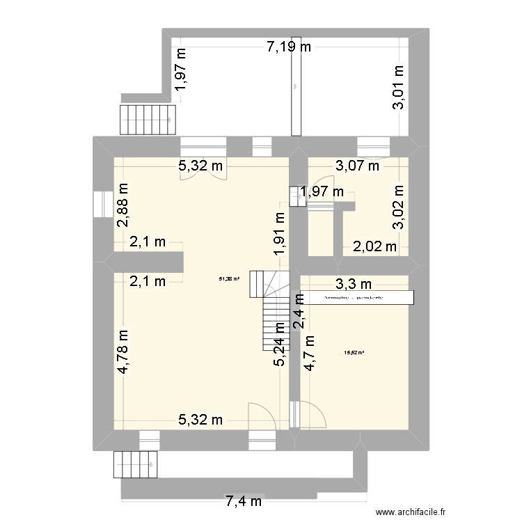 1er étage mesures. Plan de 2 pièces et 67 m2