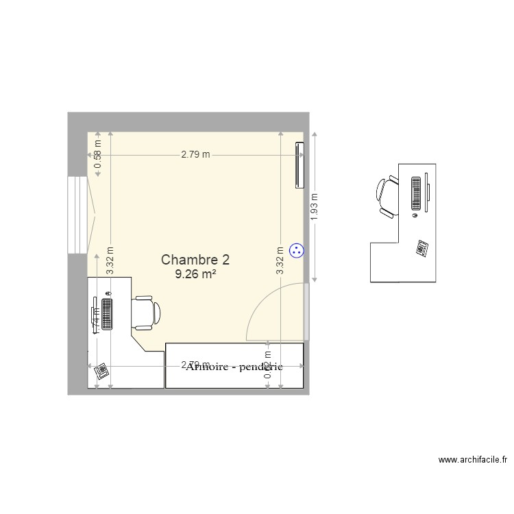 Chambre 2bis. Plan de 1 pièce et 9 m2
