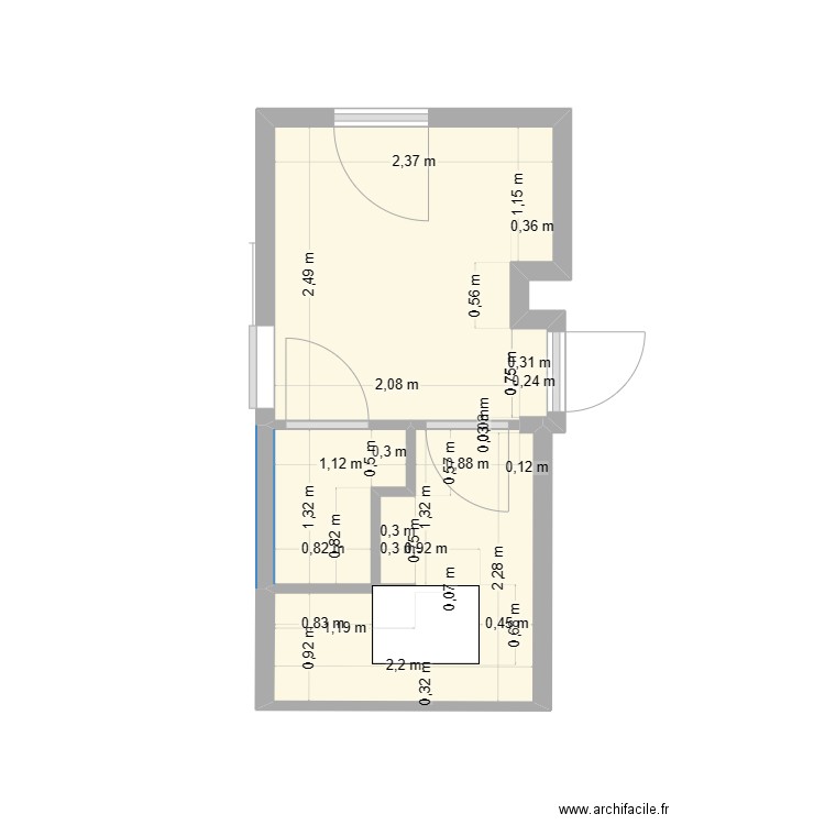 ENTREE SDB WC. Plan de 3 pièces et 11 m2