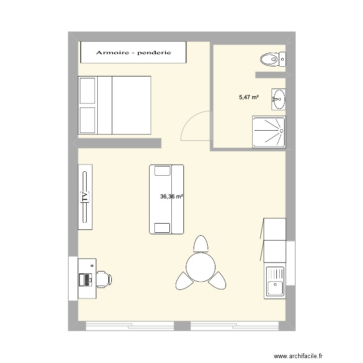 annexe aureville. Plan de 2 pièces et 42 m2