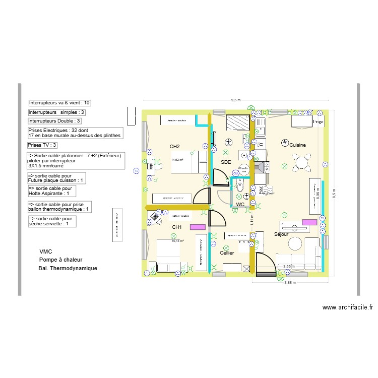 Pibrac Projet Elec & disposit° 1/1. Plan de 3 pièces et 69 m2