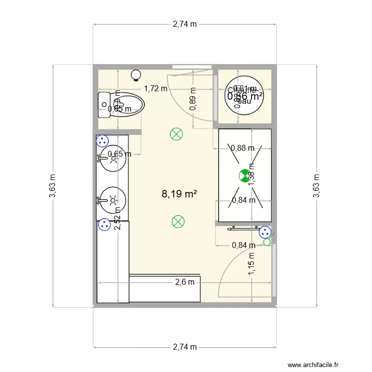 sdb 2eme. Plan de 2  et 9 m²