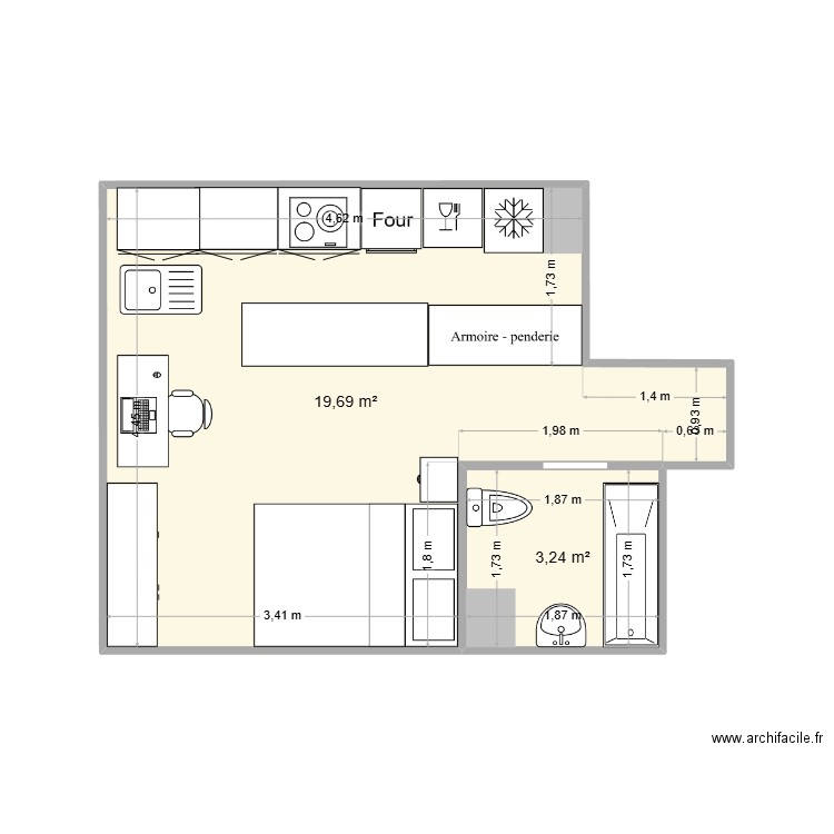 Cambrone v1. Plan de 2 pièces et 23 m2