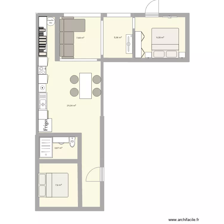 Esquisse avec meubles. Plan de 6 Pièces et 63 m²