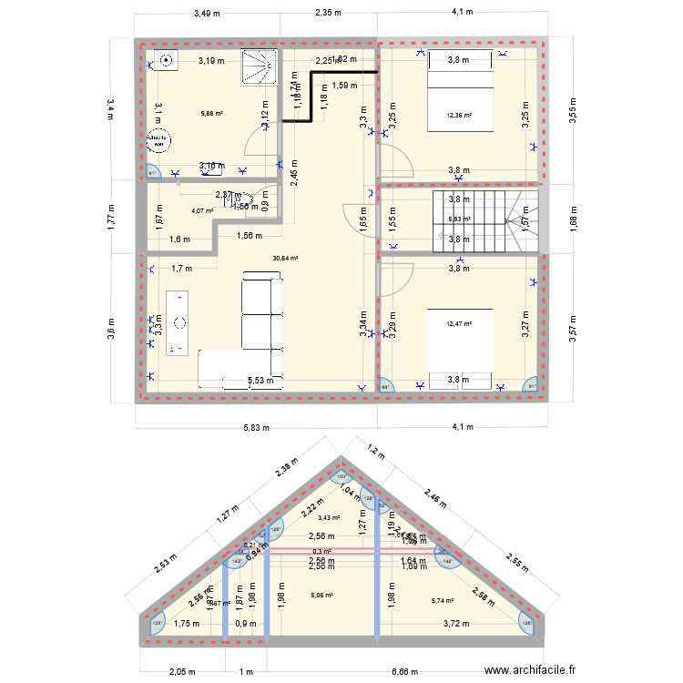 combles_avec ame. Plan de 13 pièces et 95 m2