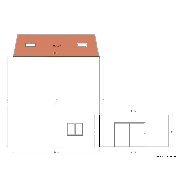 Facade nord. Plan de 1 pièce et 11 m2