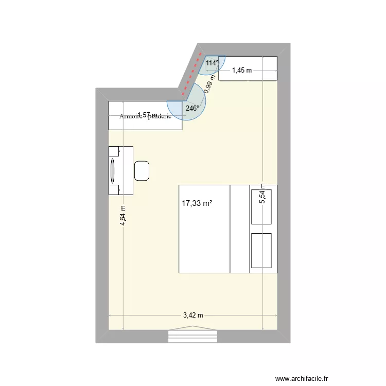 chambre parent avec meuble 2. Plan de 1  et 17 m²