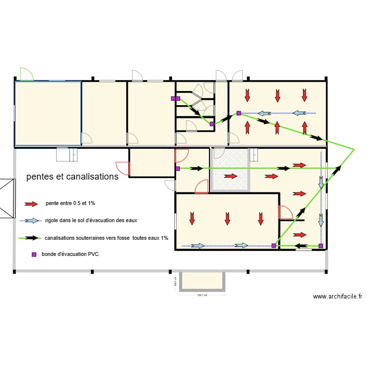 GAEC la Marmitte pentes et évacuations. Plan de 15 pièces et 216 m2