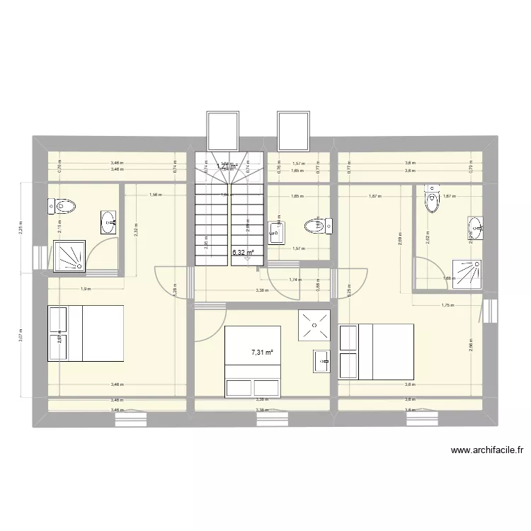 1 ETAGE. Plan de 13 pièces et 64 m²