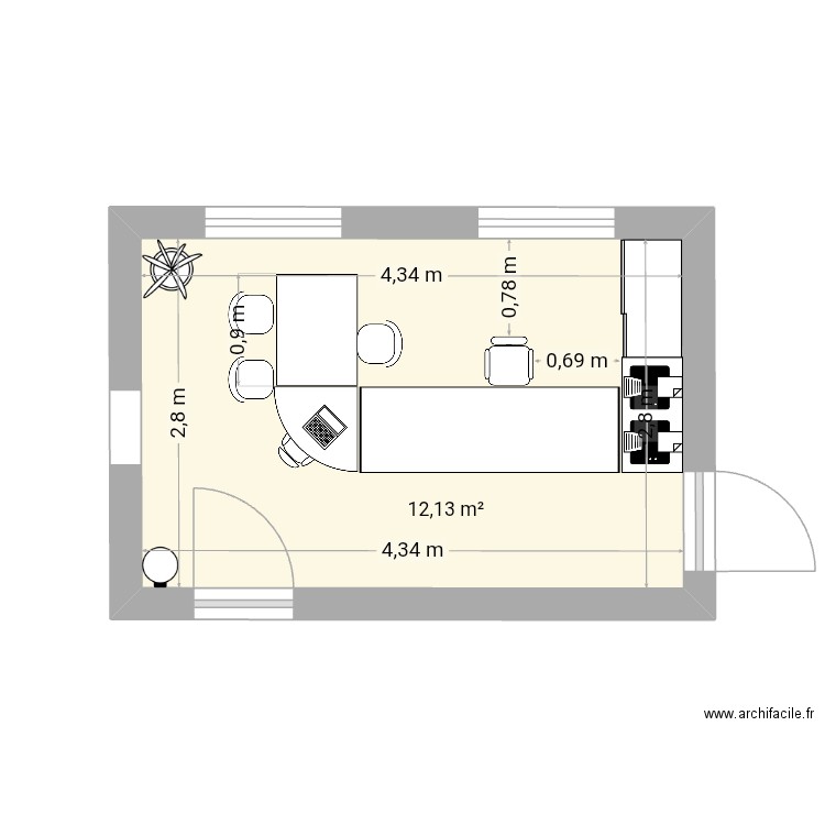 Bureau 1. Plan de 1 pièce et 12 m2