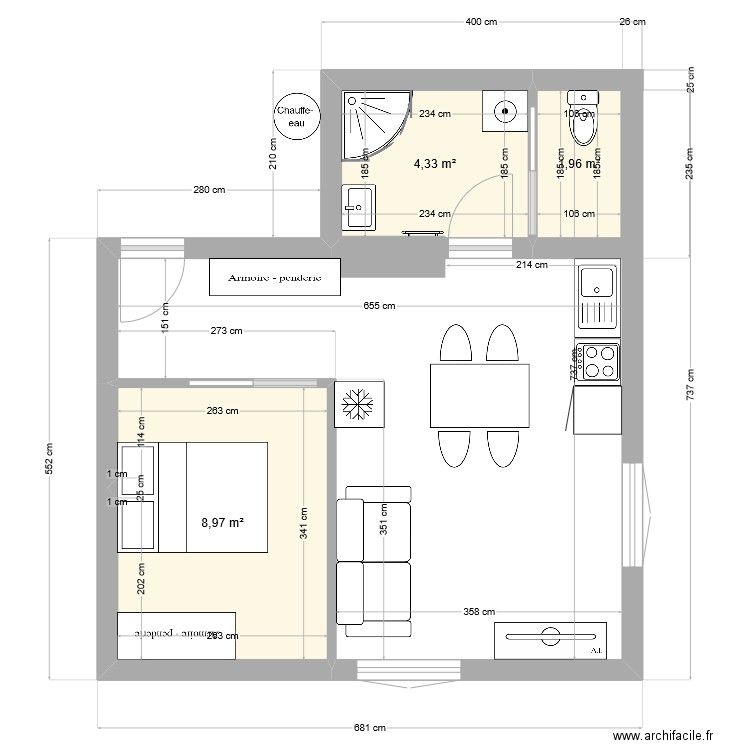 NOUVEAU Q ERABLE. Plan de 3 pièces et 15 m2