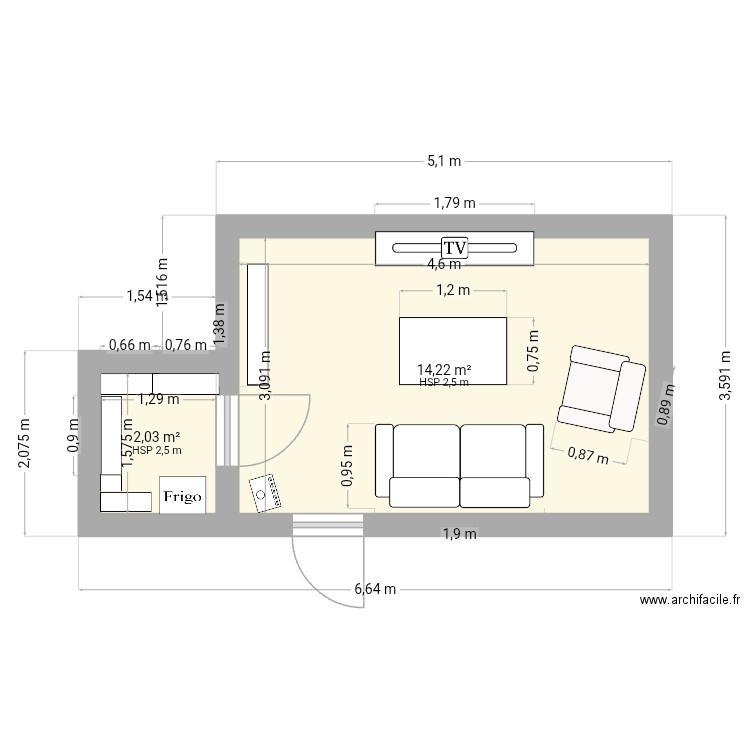 Le salon. Plan de 2 pièces et 16 m2
