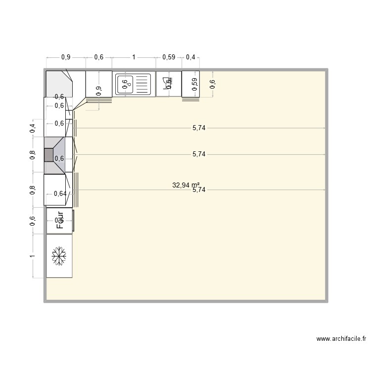cuisine. Plan de 1 pièce et 33 m2
