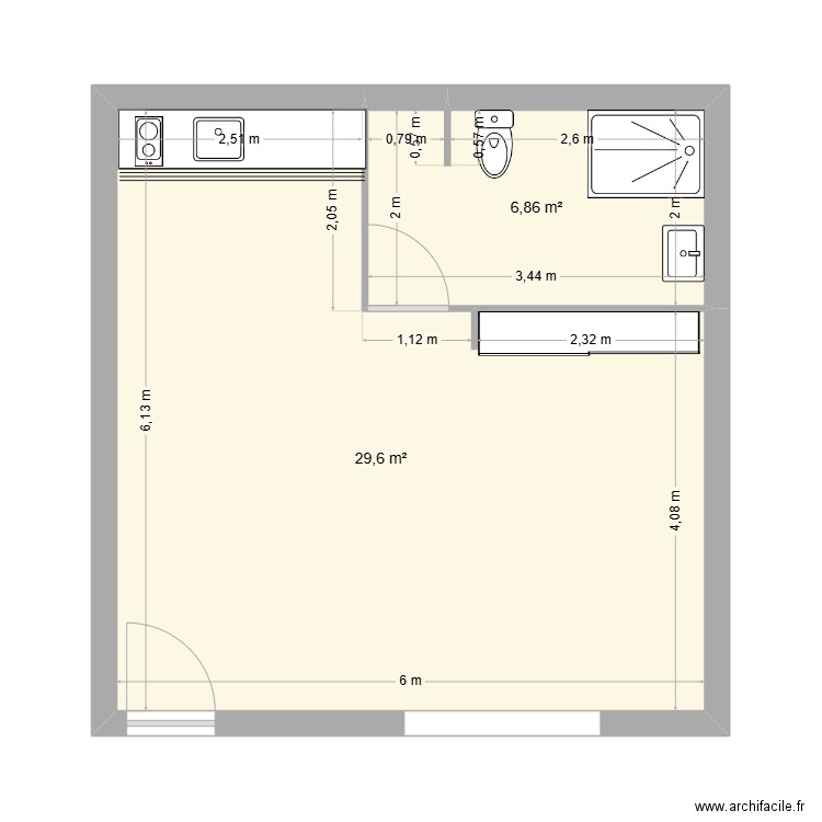 appart pierre. Plan de 2 pièces et 36 m2