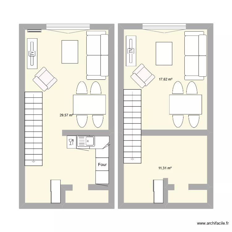 test surface sejour cuisine. Plan de 3  et 59 m²
