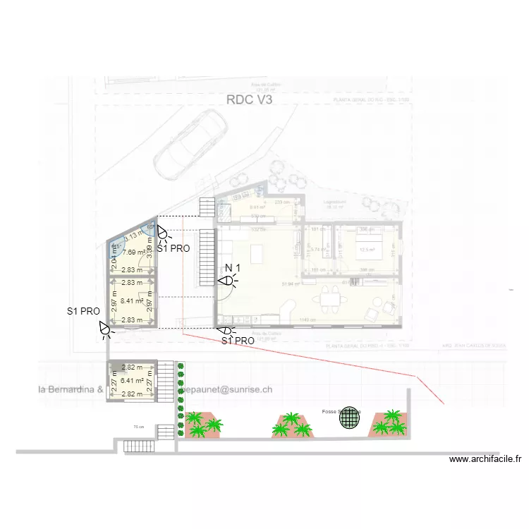 Cam&eacute;ras RDC. Plan de 3  et 23 m²