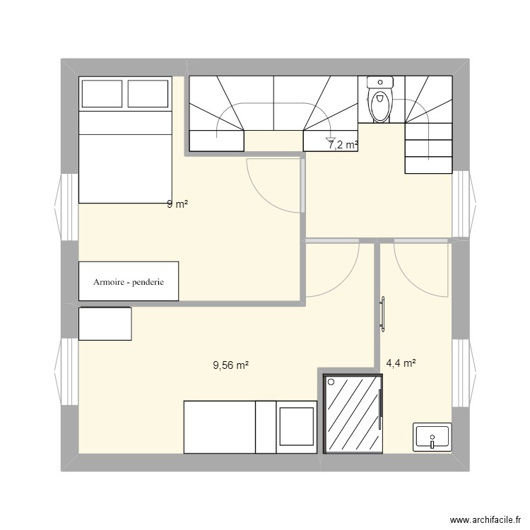 plane etage 2 chambres 9m². Plan de 4 pièces et 30 m2