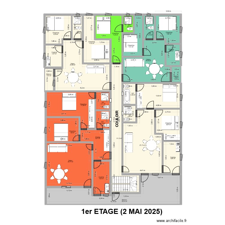1ER ETAGE 2 MAI 2025. Plan de 29 pièces et 299 m2
