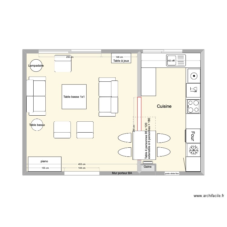 Cuisine en  U  avec appareils. Plan de 3 pièces et 33 m2