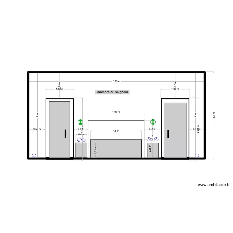 chambre du seigneur. Plan de 1  et 19 m²
